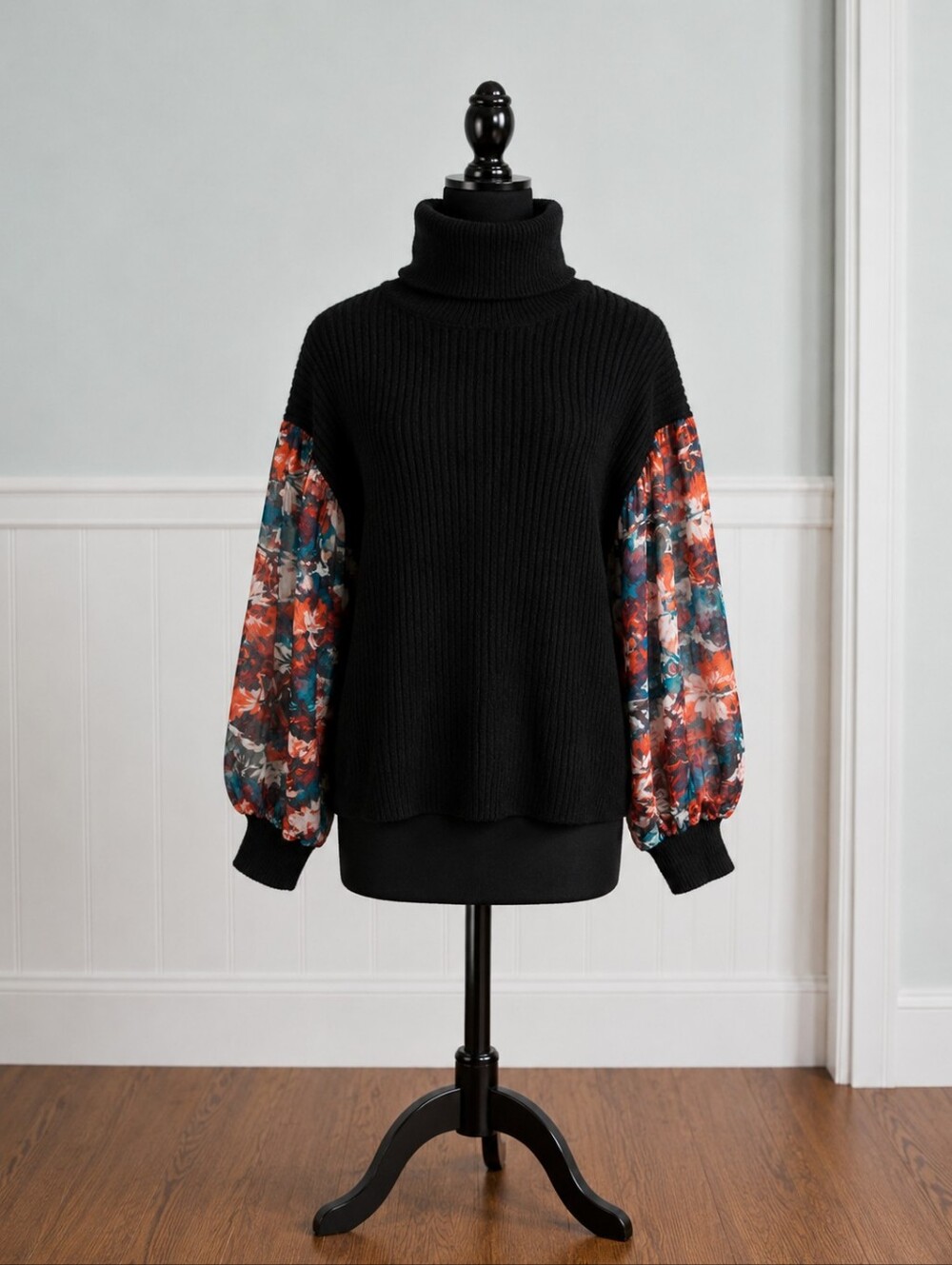 A Love Story Turtleneck Balloon-Sleeve Sweater with Floral Print Sleeves